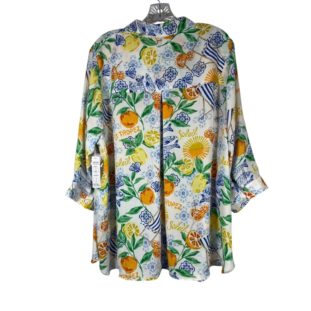 NWT Rose + Olive Sz 1X Top Citrus Fruit Europe Print Tie Front Button Up Shirt - Picture 4 of 9